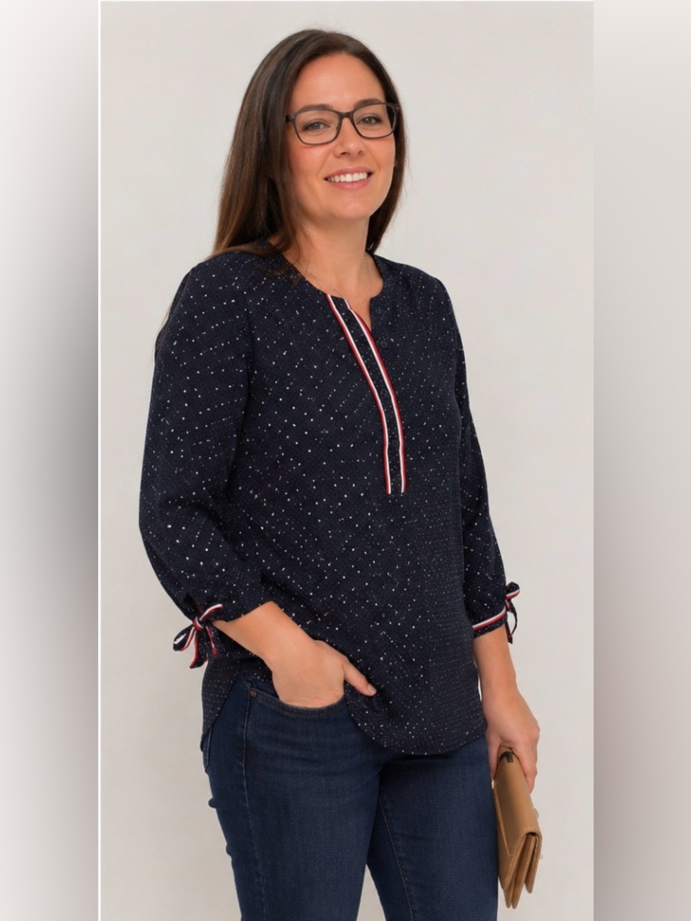NAVY SPECKLED TIE SLEEVE BLOUSE